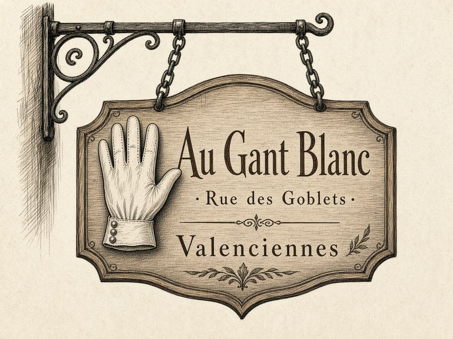 Hanging tavern sign reading Au Gant Blanc, Rue des Goblets, Valenciennes, with a white glove